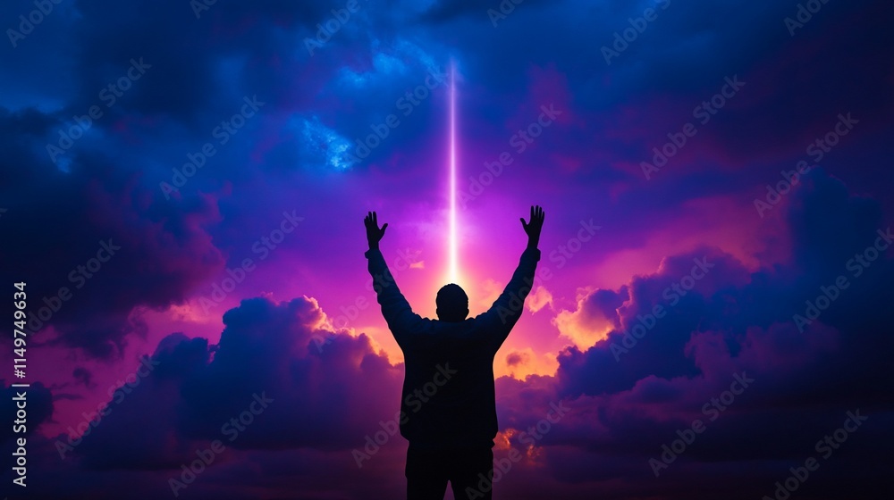 Silhouette of person with arms raised towards vibrant, dramatic sky.