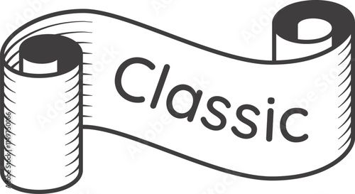 Waving scroll banner featuring the word classic in a simple yet elegant vintage style, ideal for labeling traditional products and conveying a sense of timeless quality