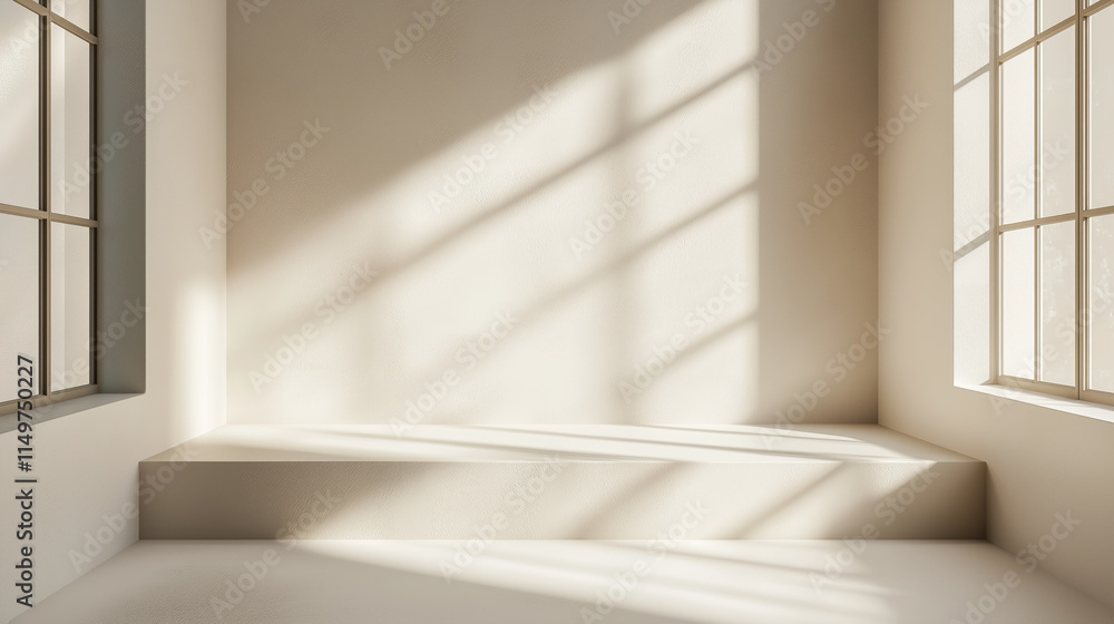 Fototapeta premium Luminous room with large windows and gentle sunlight on polished floor