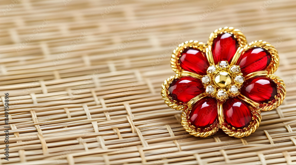Fototapeta premium Red Gemstone Flower Brooch on Woven Mat Illustration