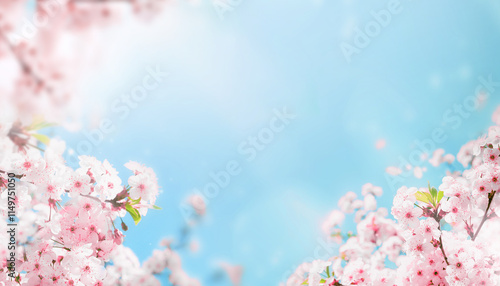 Branches of blossoming cherry macro with soft focus on gentle light blue sky background in sunlight with copy space. Beautiful floral image of spring nature. photo