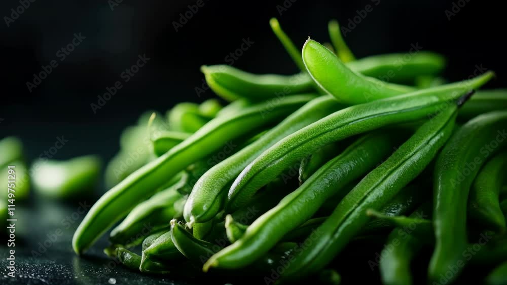 Fresh green beans are laid out on a dark surface, highlighting their vibrant color and freshness. Ideal for nutritious meals, they provide a simple and delicious addition to various dishes. Fresh green beans are laid out on a dark surface, highlighting their vibrant color and freshness. Ideal for nutritious meals, they provide a simple and delicious addition to various dishes.