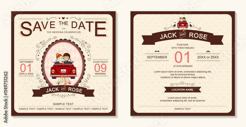 Cute Bride and Groom in Red Car Wedding Invitation Template