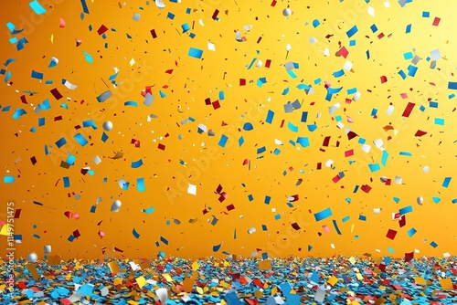 Vibrant confetti celebration on a bright orange background.