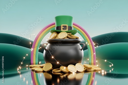 Wallpaper Mural 3d Pot of Gold with Leprechaun Hat under Rainbow in Green Forest Landscape. St Patricks Day Concept Torontodigital.ca