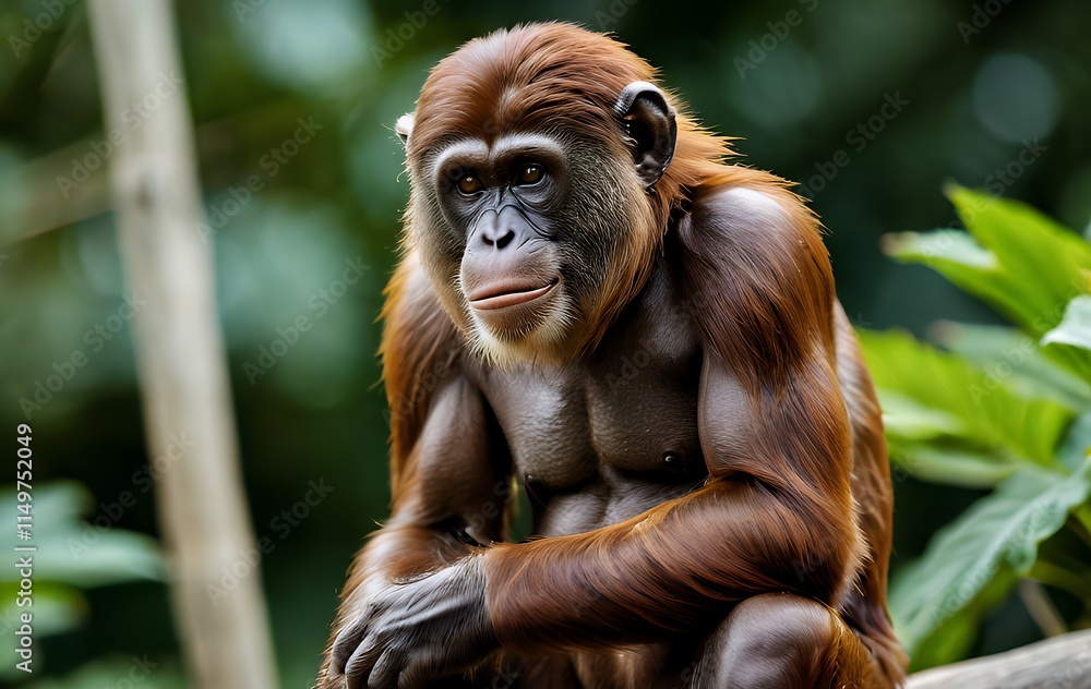 Fototapeta premium Powerful Bonobo Ape Rainforest Portrait Lush Greens Background