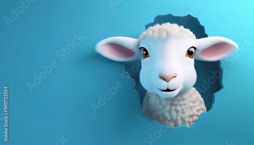 3d Cartoon sweet Easter lamb poster peeking out of a hole in the blue clean wall photo