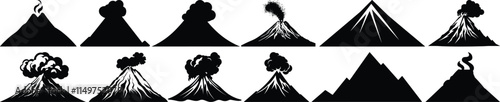 Volcano silhouettes set, mountain pack of vector silhouette design, isolated background