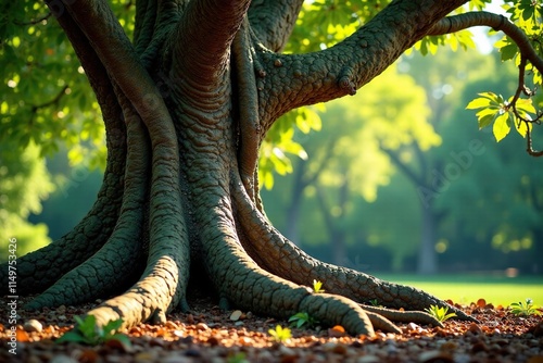 Ancient tree trunk with twisted roots and gnarled branches, tree, outdoor