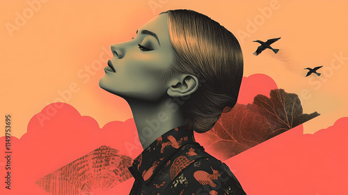 Side profile of a fashionable woman with a sleek hairstyle, set against an orange abstract background with birds and nature elements