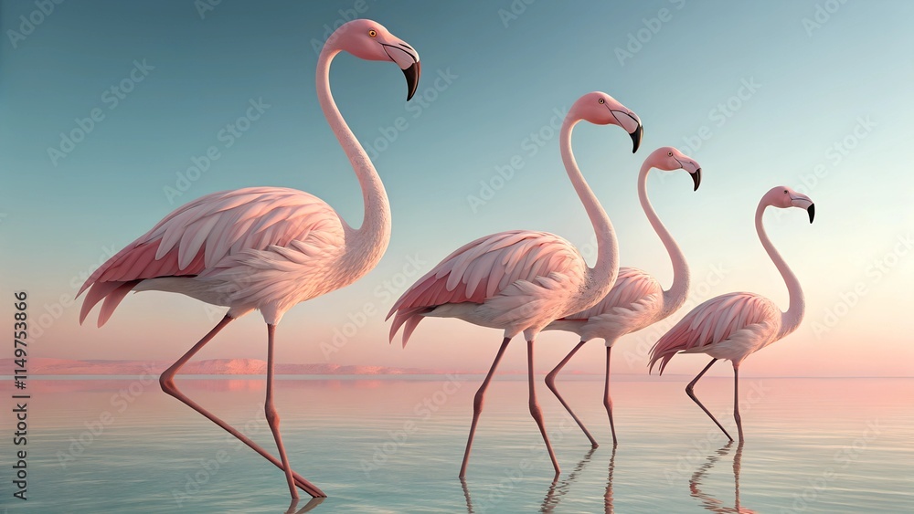 Fototapeta premium Set of gracefully standing elegant flamingos, 