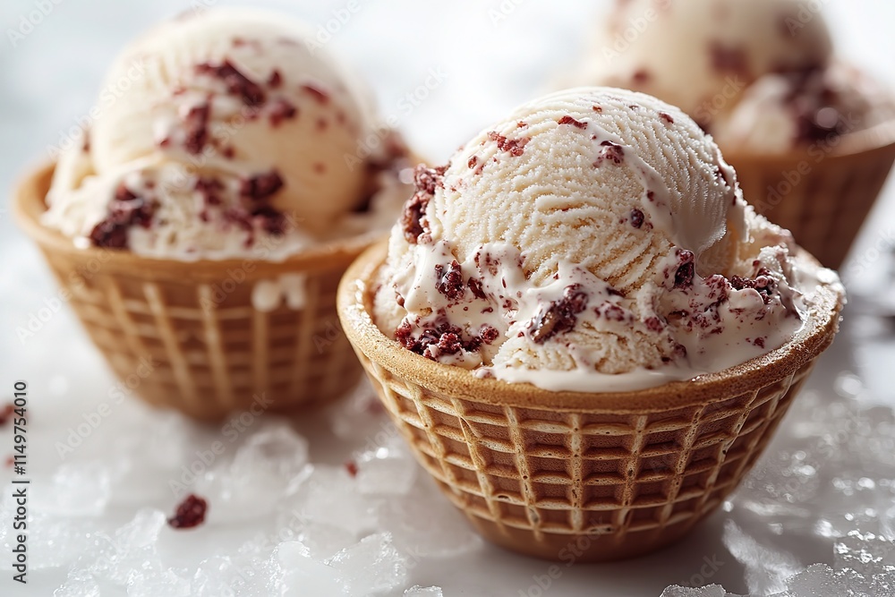 Delicious scoops of ice cream with red pieces, served in waffle cones on ice. Delicious scoops of ice cream with red pieces, served in waffle cones on ice.