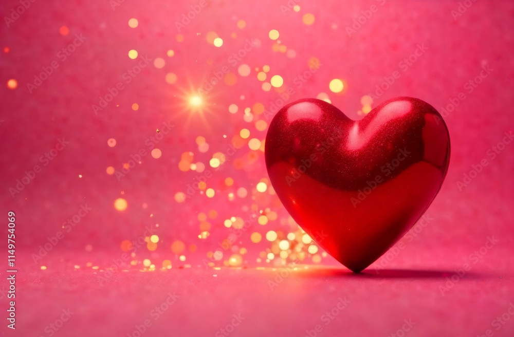 A red smooth glossy heart on a dark textured pink background on the right, golden sparks and lights with space for text are separated from the heart to the center. The concept of love, Valentine's Day A red smooth glossy heart on a dark textured pink background on the right, golden sparks and lights with space for text are separated from the heart to the center. The concept of love, Valentine's Day
