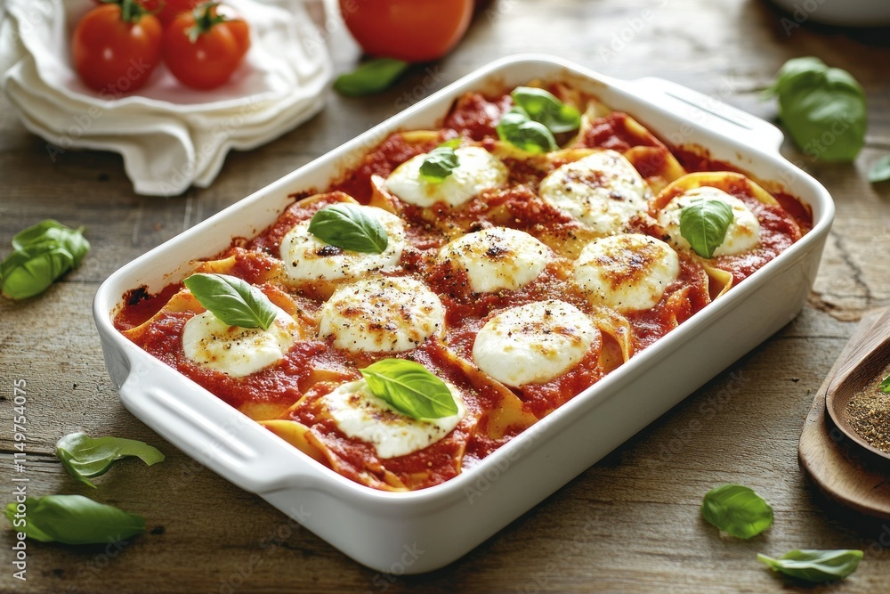 Delicious homemade lasagna with mozzarella cheese and fresh basil served in a white dish on a rustic wooden table, perfect for family dinners or gatherings Delicious homemade lasagna with mozzarella cheese and fresh basil served in a white dish on a rustic wooden table, perfect for family dinners or gatherings