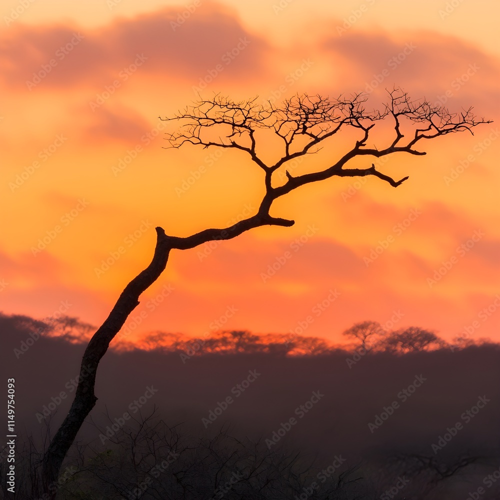 Silhouetted tree against a vibrant sunset sky
