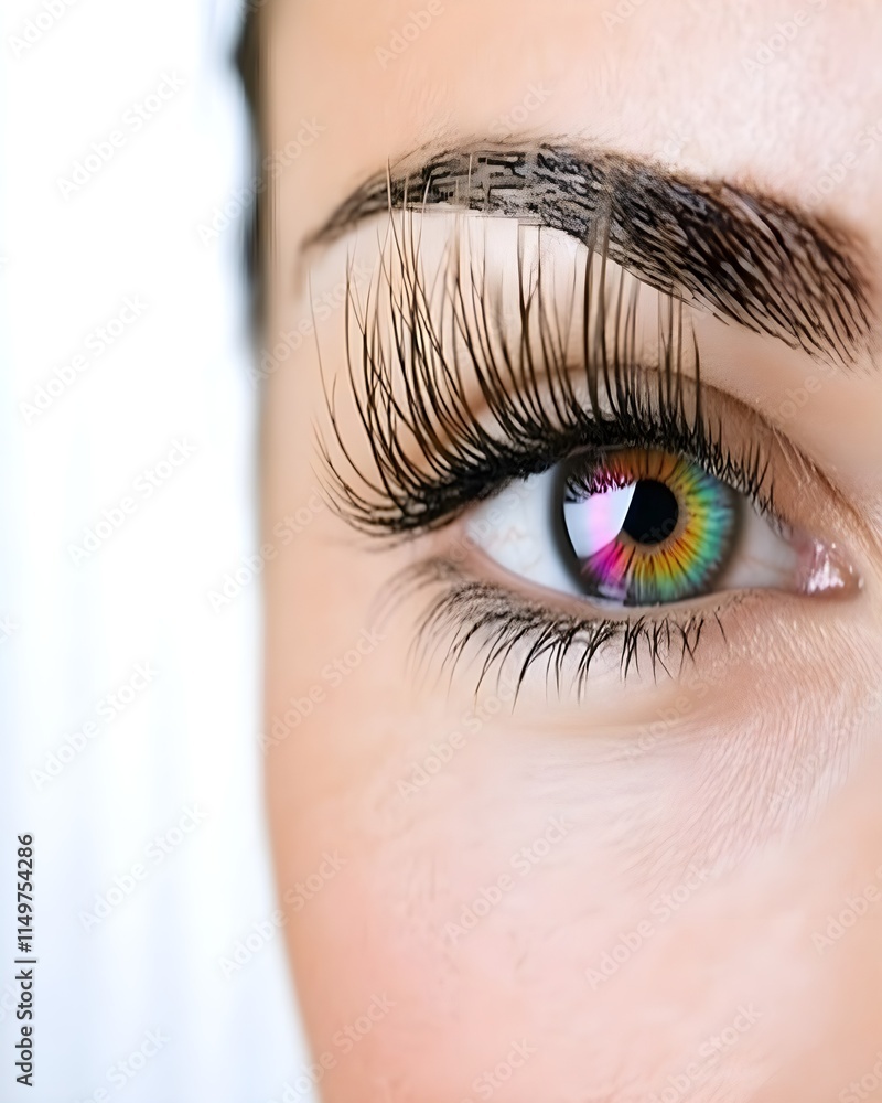 Obraz premium Close-up of a vibrant, colorful eye with dramatic eyelashes