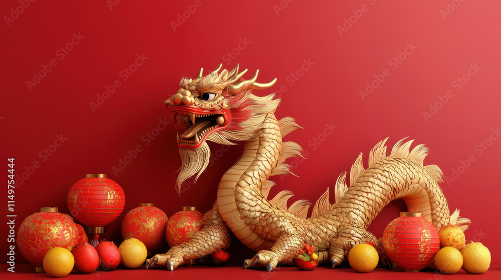 Obraz premium Golden dragon with red lanterns and oranges on red background