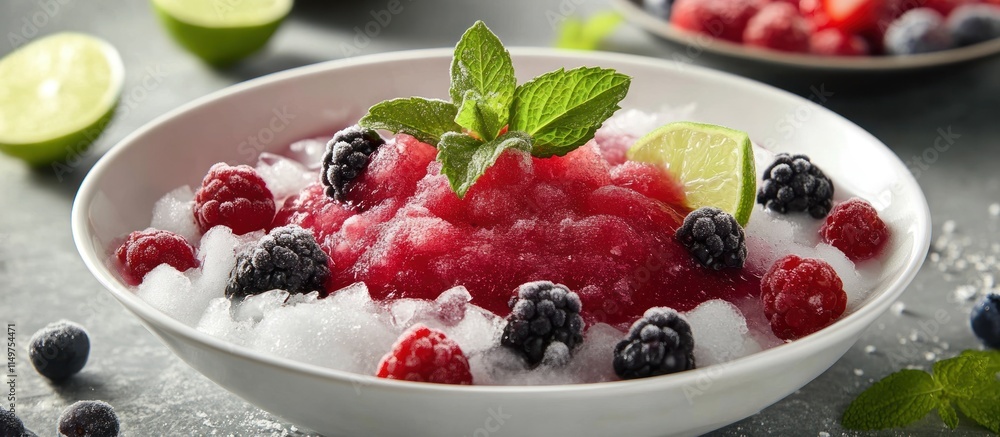 Frozen fruit soup with berries and crushed ice, garnished with mint leaves and a lime wedge Frozen fruit soup with berries and crushed ice, garnished with mint leaves and a lime wedge