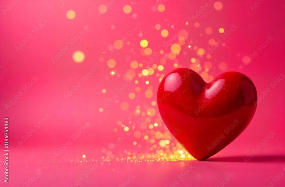 A red smooth glossy heart on a dark pink background on the right, golden sparks and lights with space for text separate from the heart to the center. The concept of love, Valentine's Day. A red smooth glossy heart on a dark pink background on the right, golden sparks and lights with space for text separate from the heart to the center. The concept of love, Valentine's Day.