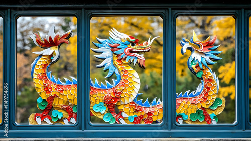 Vibrant Dragon Illustration in Window Frame