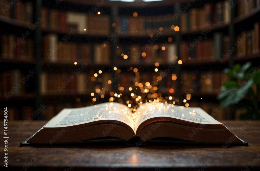 Fototapeta premium A large book lies on the wooden table, with a soft glow and bokeh lights rising up against a dark background, side view. The concept of knowledge, education. High quality photo