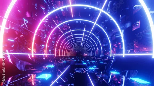 80's neon light style flight. Hi-tech neon sci-fi tunel. Trendy neon glow lines form pattern and construction in mirror tunnel. Fly through technology cyberspace. 3d looped seamless 4k bright bg. photo