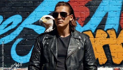Man Eagle Graffiti Wall Stylish Leather Jacket Sunglasses