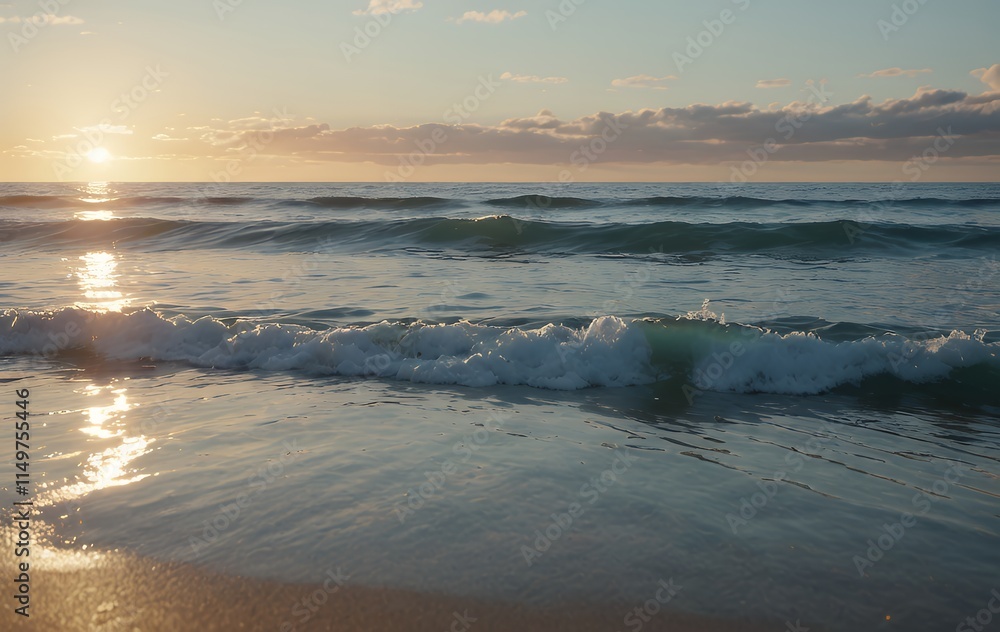 Fototapeta premium Serene Sunset Ocean Waves Gentle Shore Calm Atmosphere