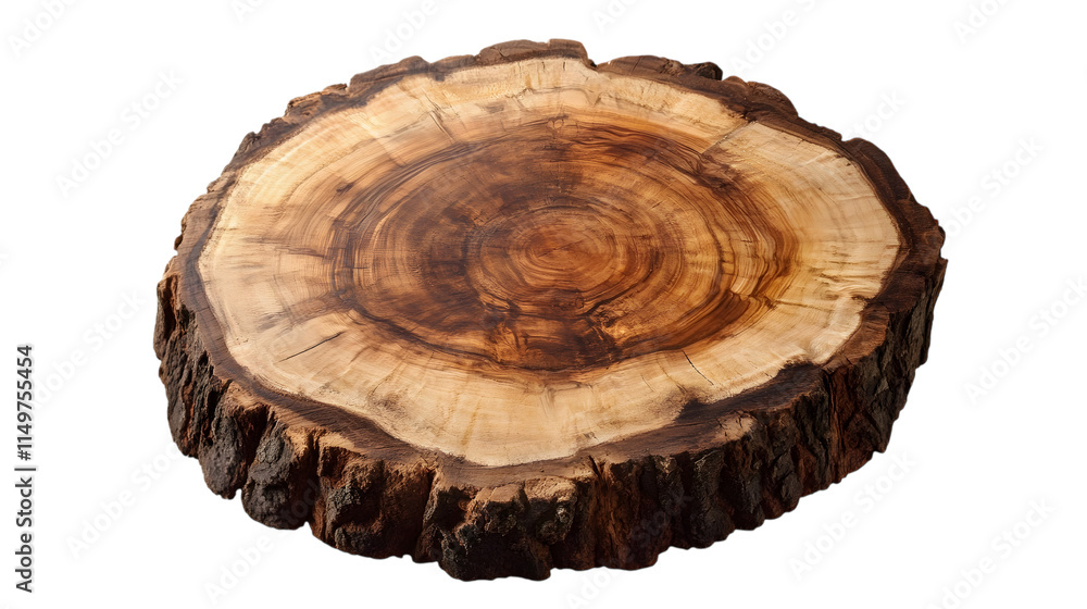 Round wooden tree slice featuring natural bark edges and visible growth rings, ideal for rustic home decor. Isolated on transparent background Round wooden tree slice featuring natural bark edges and visible growth rings, ideal for rustic home decor. Isolated on transparent background