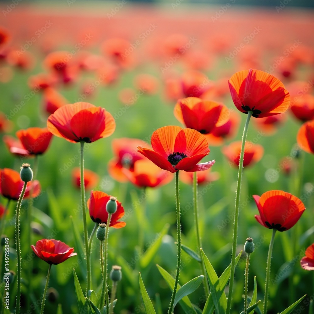 Naklejka premium A vibrant red poppy blooms among a bed of lush green grass, bloom, botanical, nature