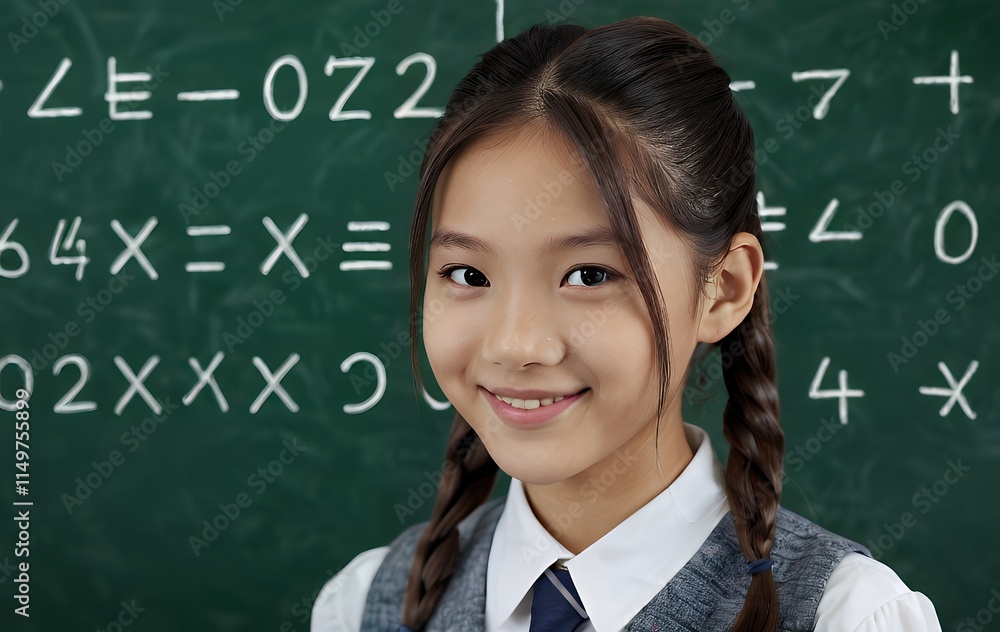 Smiling Schoolgirl Chalkboard Math Equations Happy Education Portrait Smiling Schoolgirl Chalkboard Math Equations Happy Education Portrait