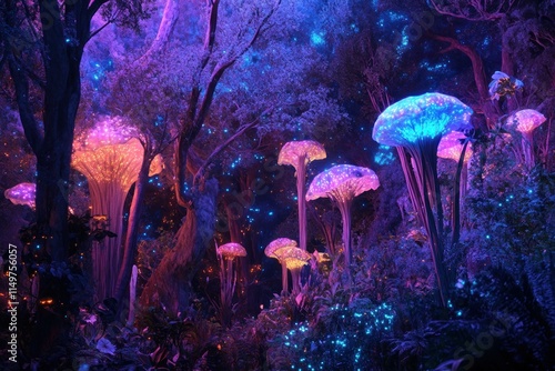 Enchanted Forest with Vibrant Glowing Mushrooms Under Ethereal Light, A Magical Landscape of Luminous Flora in a Dreamlike Environment at Twilight