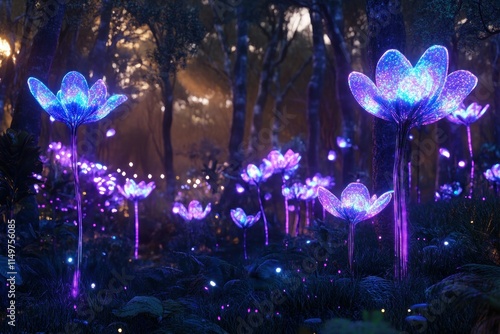 Enchanting Forest of Illuminated Flowers with Glowing Petals and Mystical Atmosphere in a Dreamlike Twilight Landscape