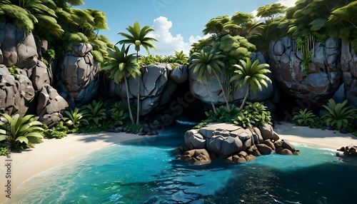 Serene Tropical Cove Rocks Palms Beach Ocean Scene