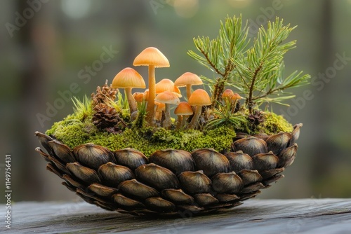 Delicate Mushrooms Growing Among Lush Green Moss in Pine Cone Bowl Surrounded by Nature’s Beauty in a Softly Lit Forest Setting