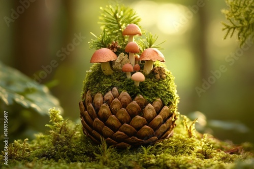 Enchanted Forest Scene with Colorful Mushrooms Growing on a Pine Cone Surrounded by Lush Green Moss and Soft Natural Light in a Tranquil Environment