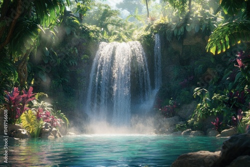 Serene Waterfall in a Lush Tropical Jungle Surrounded by Vibrant Flora and Crystal Clear Pool Sparkling Under Soft Sunlight