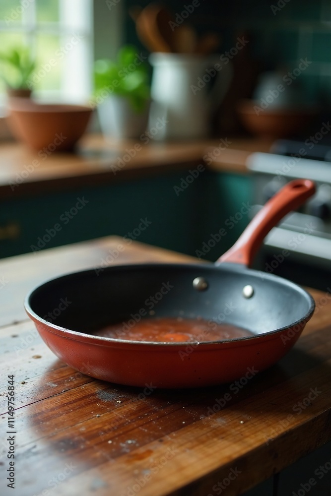 A worn-out and rusty non-stick skillet on a countertop, cooking vessel, worn-out