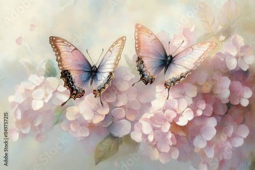 Delicate Butterflies Resting Gracefully on Soft Pink Floral Blooms with a Dreamy Pastel Background in a Serene Nature Setting