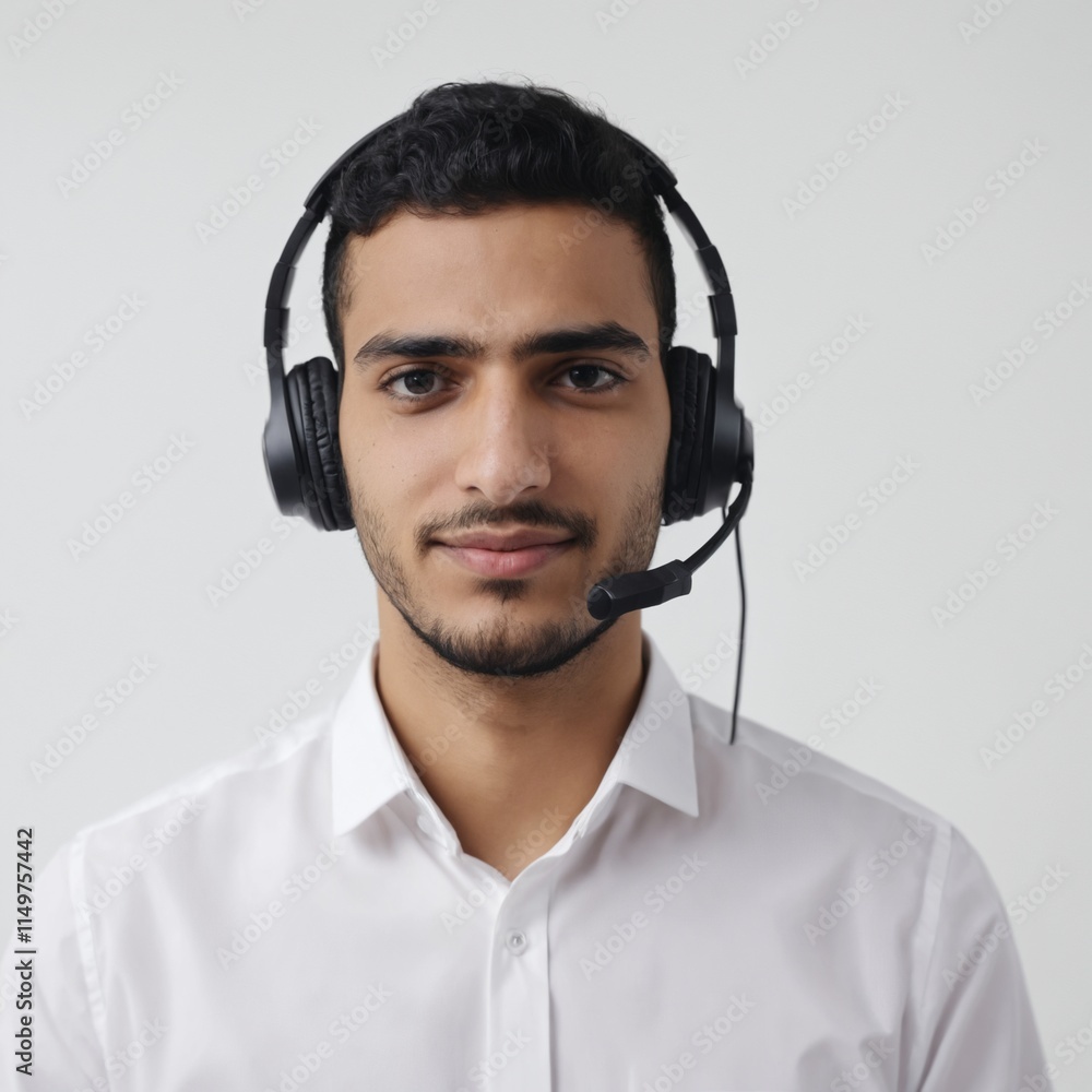 Portrait of man in call center with smile, headset and happy to help at customer service agency or sales desk. Telemarketing, communication or reception, businessman with cheerful face . Ai generator Portrait of man in call center with smile, headset and happy to help at customer service agency or sales desk. Telemarketing, communication or reception, businessman with cheerful face . Ai generator