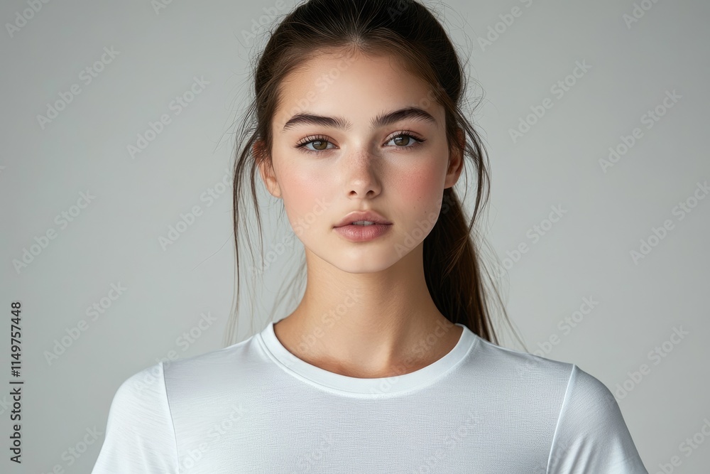 Fototapeta premium Young woman with natural beauty posing in studio, showing confidence and freshness