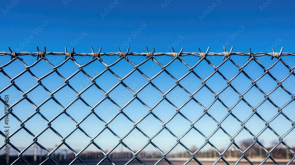 Barbed wire topping chain link fence under blue sky protecting private property Barbed wire topping chain link fence under blue sky protecting private property