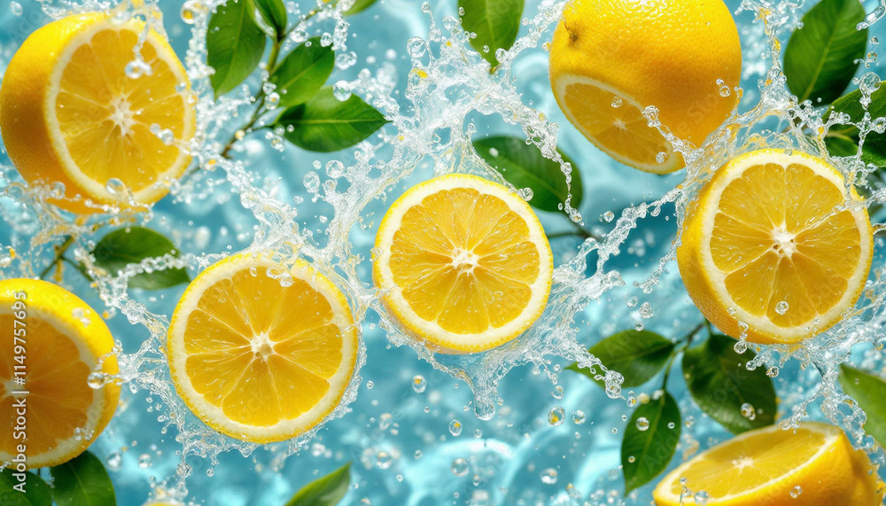 Lemon slices splash in water surrounded by vibrant green leaves for a refreshing summer feel Lemon slices splash in water surrounded by vibrant green leaves for a refreshing summer feel