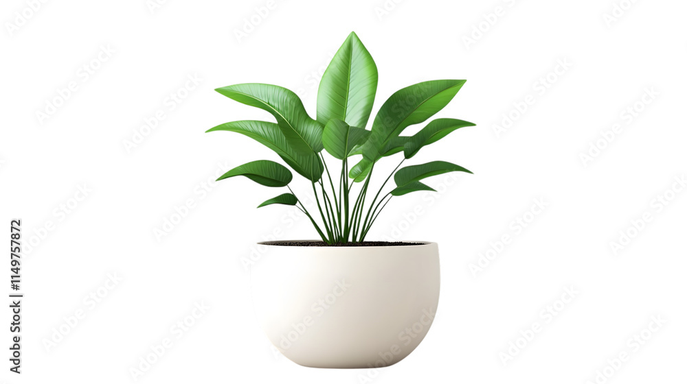 Fototapeta premium Vibrant green indoor plant in a white ceramic pot with a sleek minimalist design, ideal for modern interior decor. Isolated on transparent background