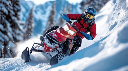 Professional snowmobiler riding in mountain snow on sunny day photo