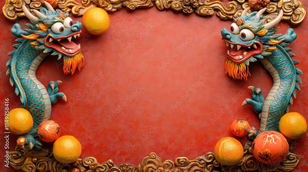 Festive Chinese dragons with oranges on red background Festive Chinese dragons with oranges on red background