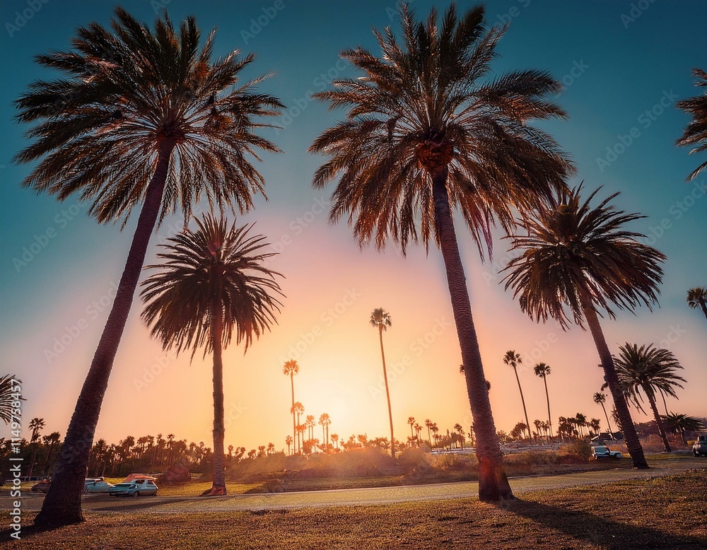 Obraz premium Generated image Palm trees at sunset, vintage California summer vibes