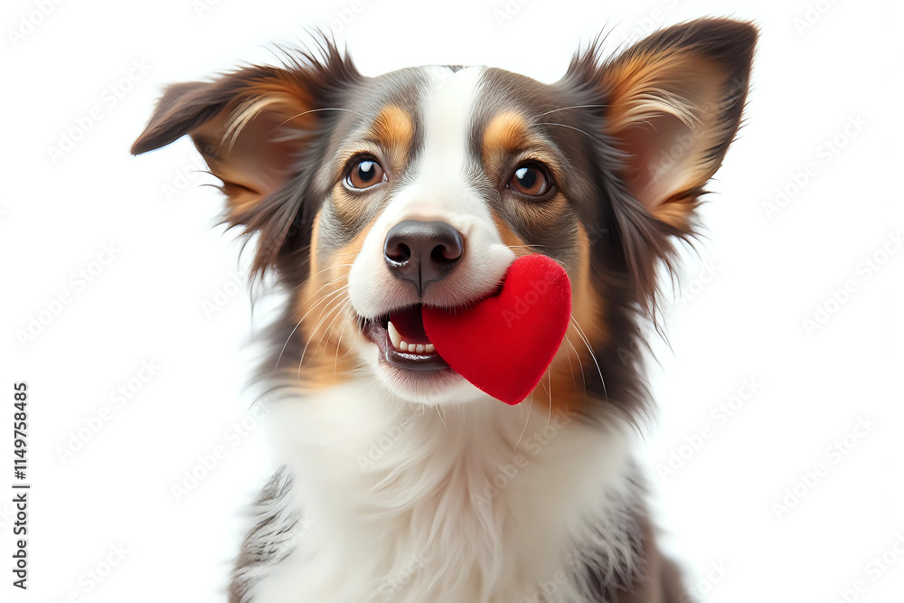 Fototapeta premium St. Valentine's Day concept. Funny portrait cute puppy dog border collie holding red heart in mouth isolated on white background, close up. Lovely dog in love on valentines day gives gift