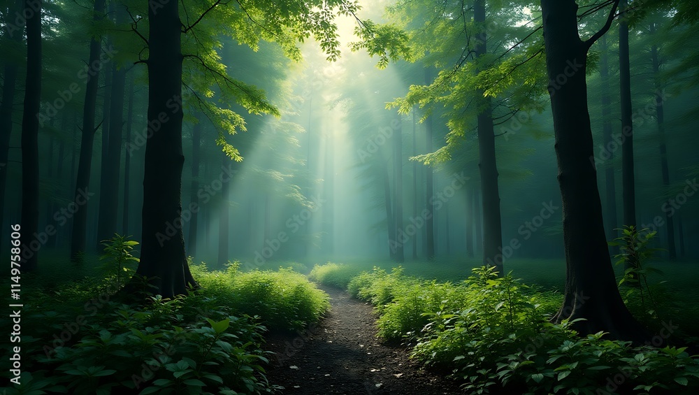 Naklejka premium Sunlight shining on lush green plants in a forest. Suitable for nature blogs, environmental campaigns, gardening magazines, and educational materials
