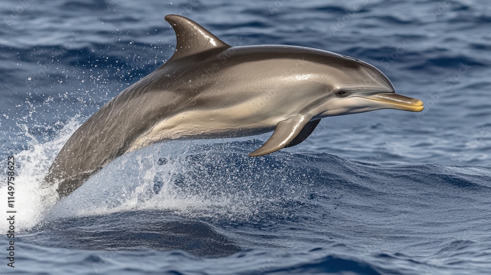 Fototapeta premium Majestic Dolphin Leaping Out of Crystal Clear Ocean Waters, Capturing the Grace and Beauty of Marine Life in a Stunning Natural Setting
